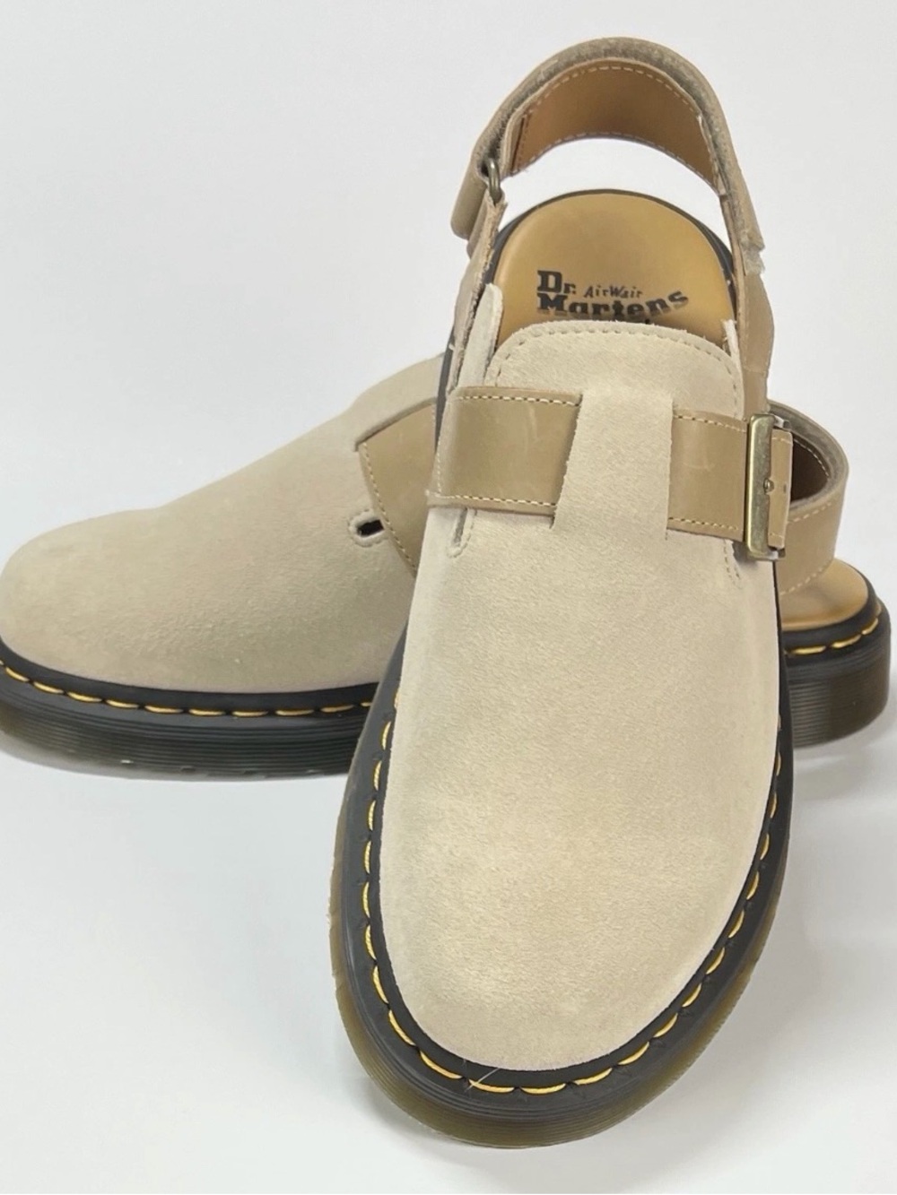 Dr. Martens Beige Suede Slingback Loafers with Yellow Stitching